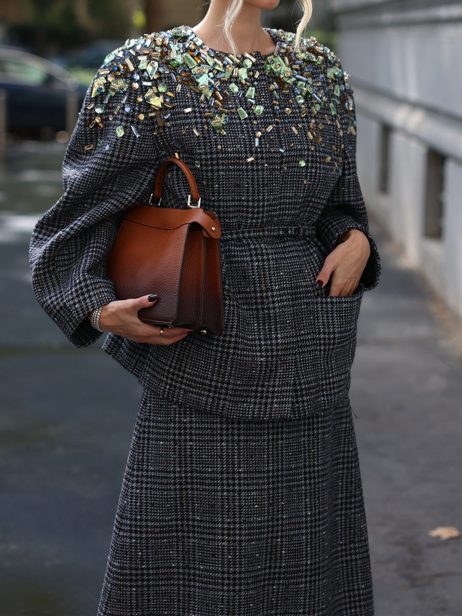 Plaid Print Rhinestone Sparkle Two Pieces Dress