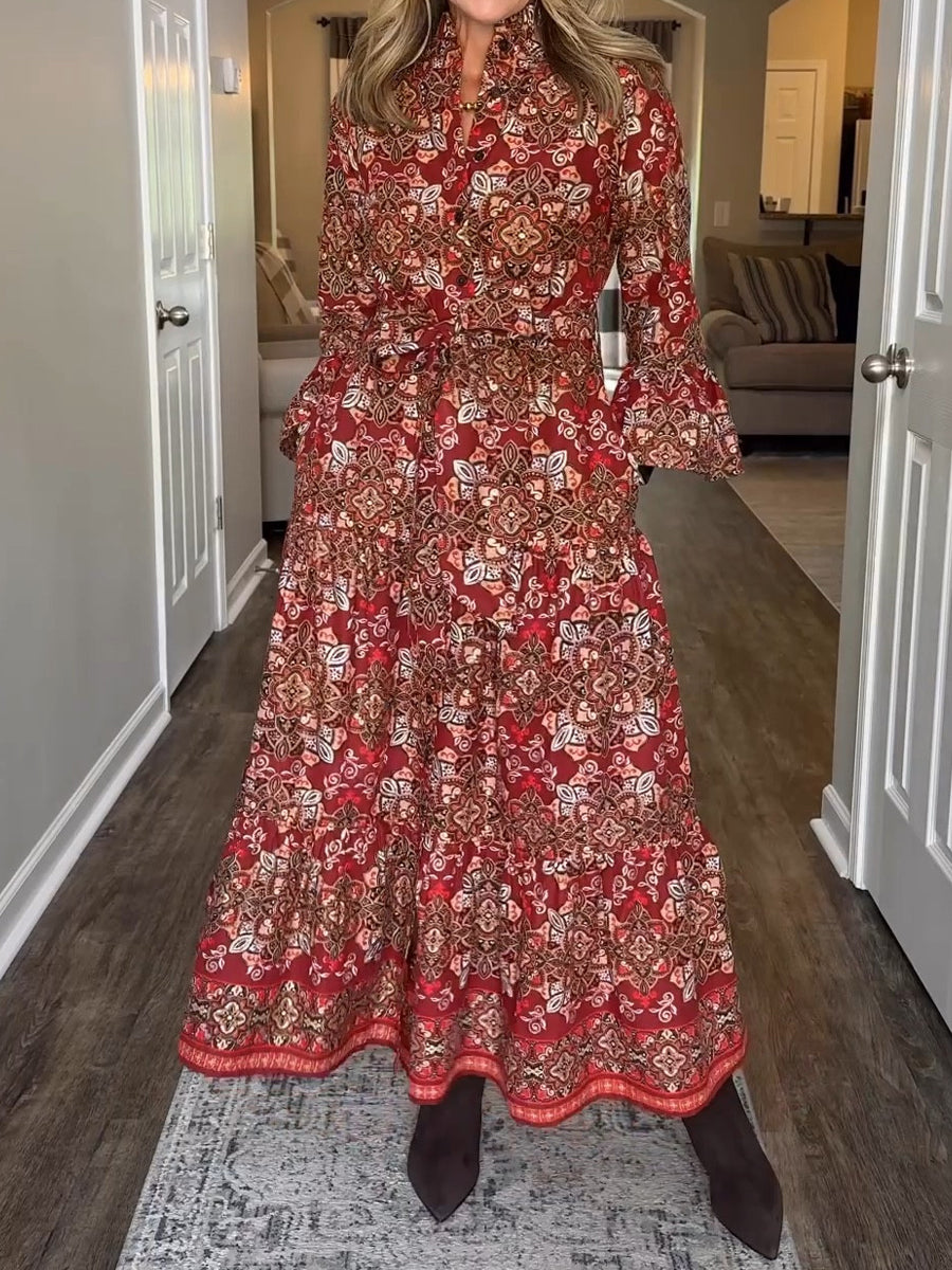 Printed Flared Sleeve Belted Dress