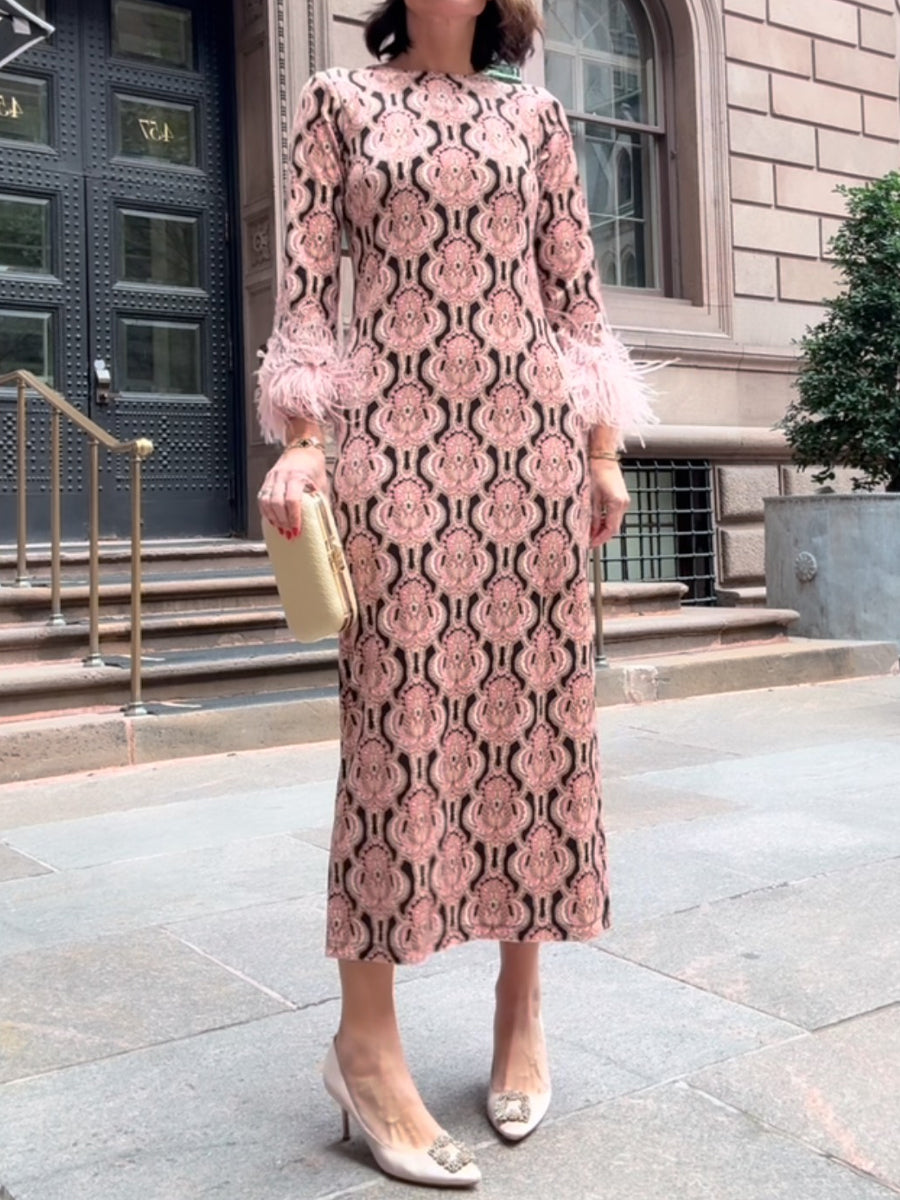 Printed Feathers Sleeve Stretch Maxi Dress