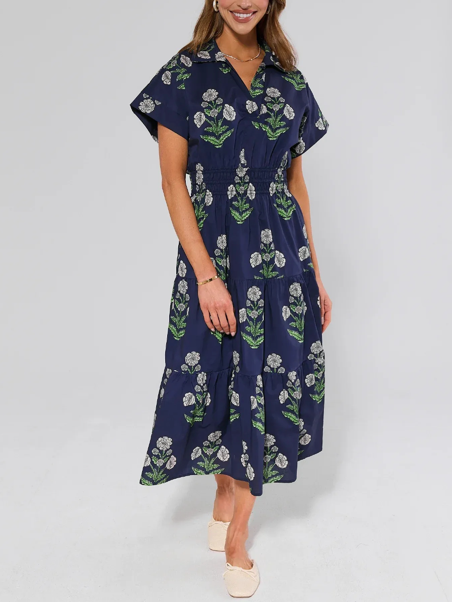 Navy Floral Print Midi Dress