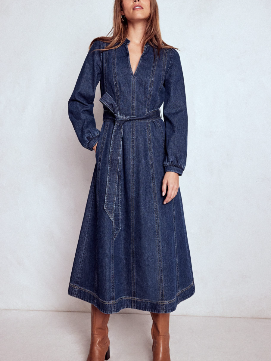 Belted Denim Midi Dress