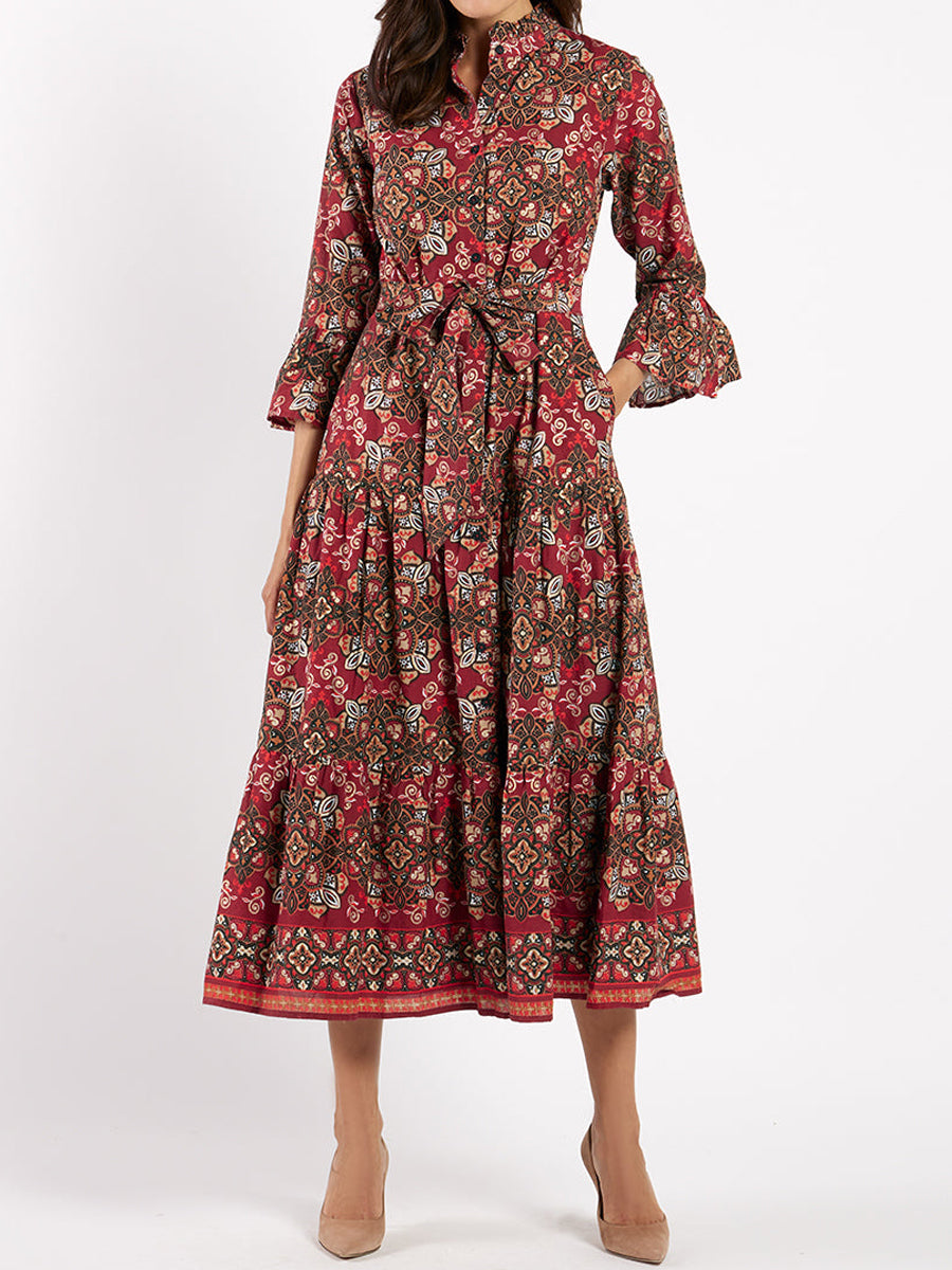 Printed Flared Sleeve Belted Dress