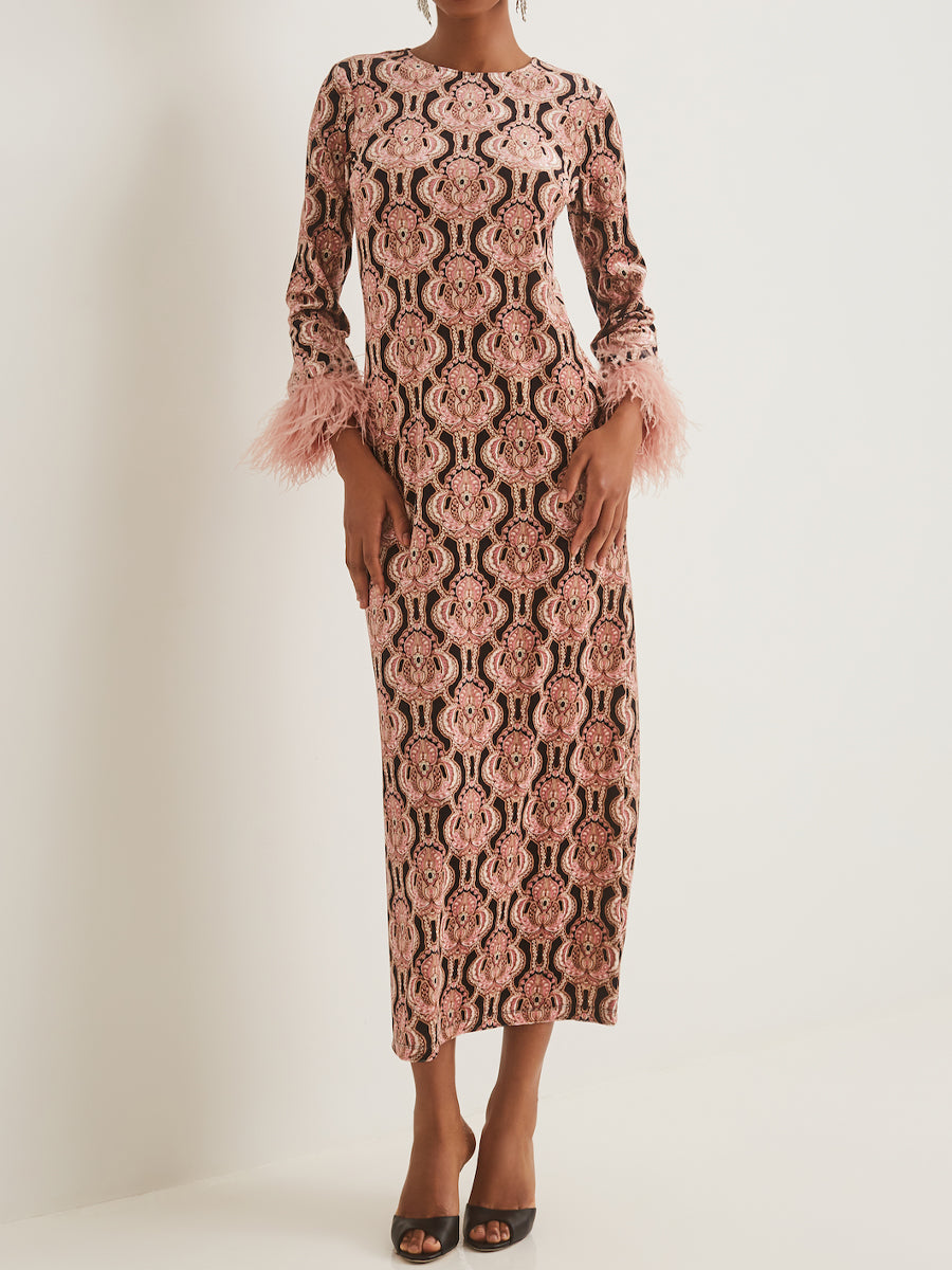 Printed Feathers Sleeve Stretch Maxi Dress