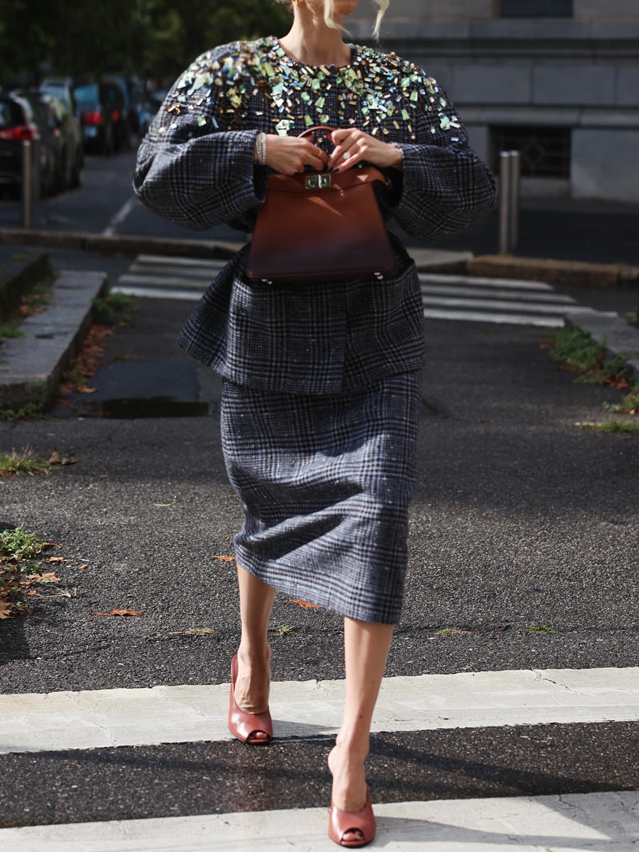 Plaid Print Rhinestone Sparkle Two Pieces Dress