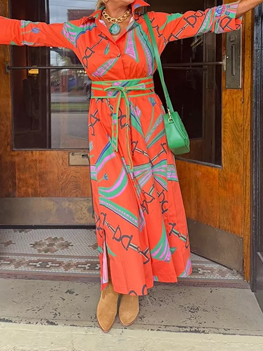 Printed Belted Loose Maxi Dress