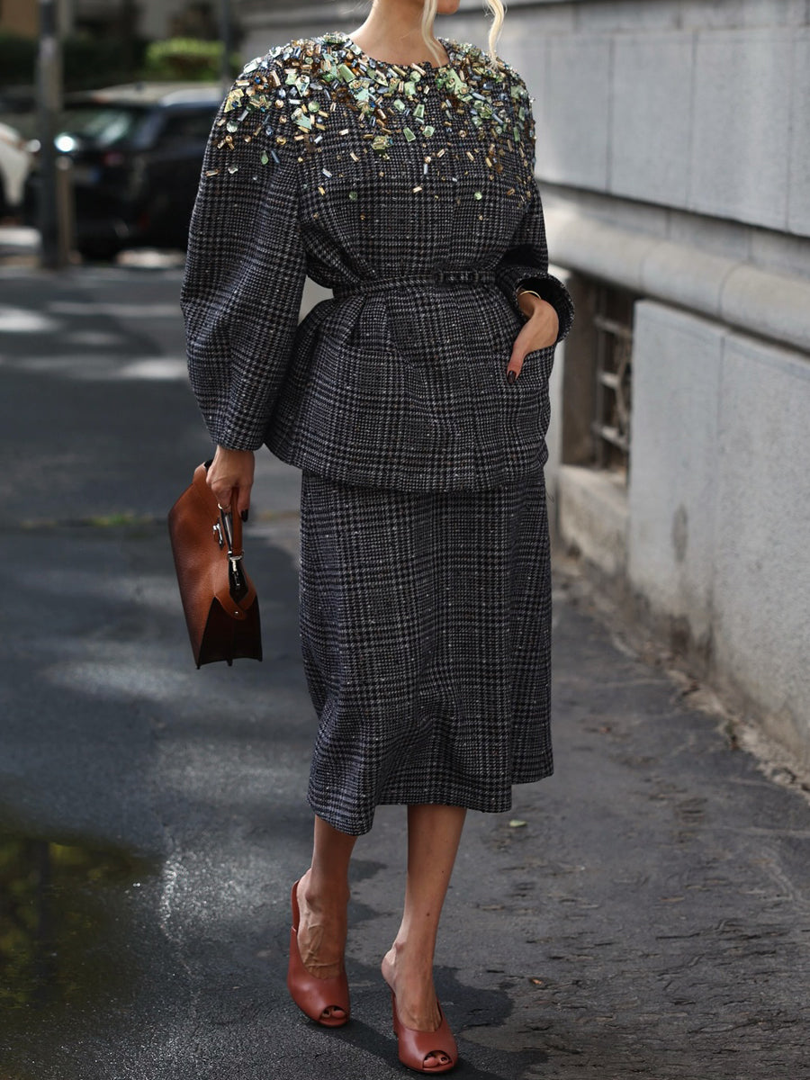 Plaid Print Rhinestone Sparkle Two Pieces Dress