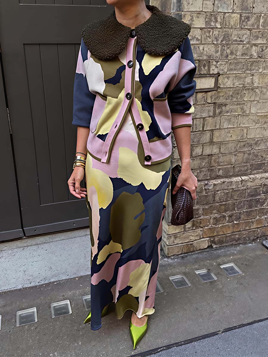 Detachable Collar Printed Two Pieces Dress