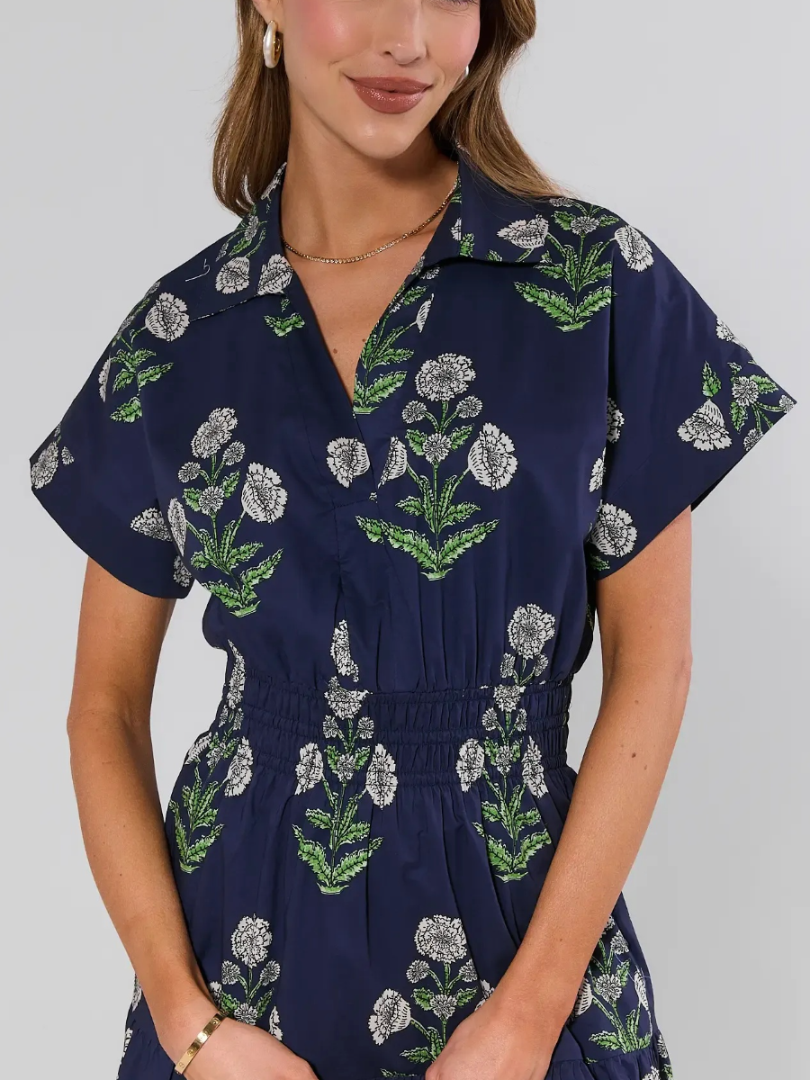 Navy Floral Print Midi Dress