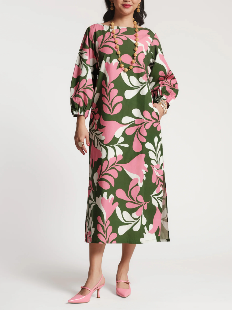 Multicolor Puff Sleeve Maxi Dress