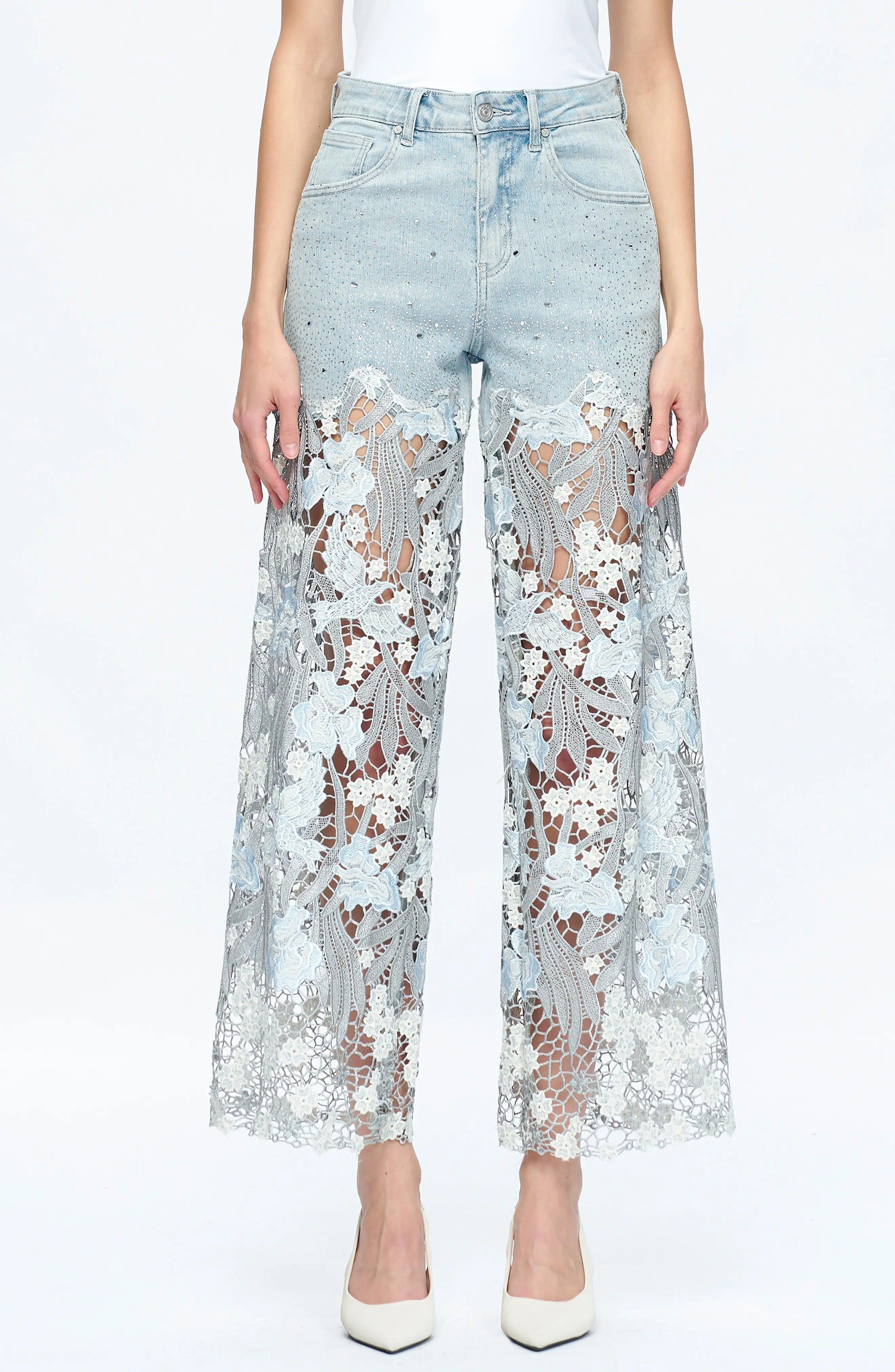 High Waist Crystal Embellished Lace Wide Leg Jeans