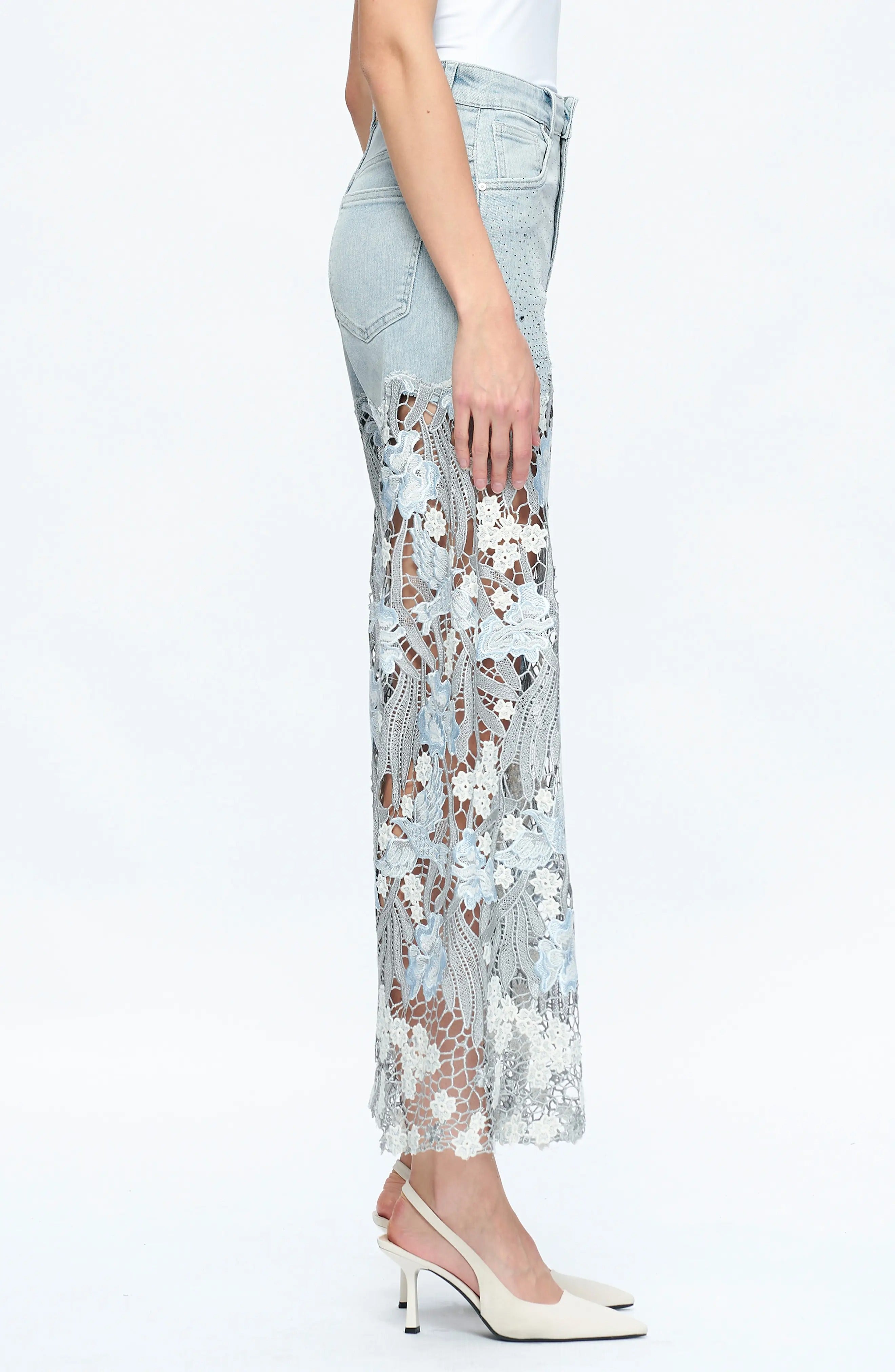 High Waist Crystal Embellished Lace Wide Leg Jeans
