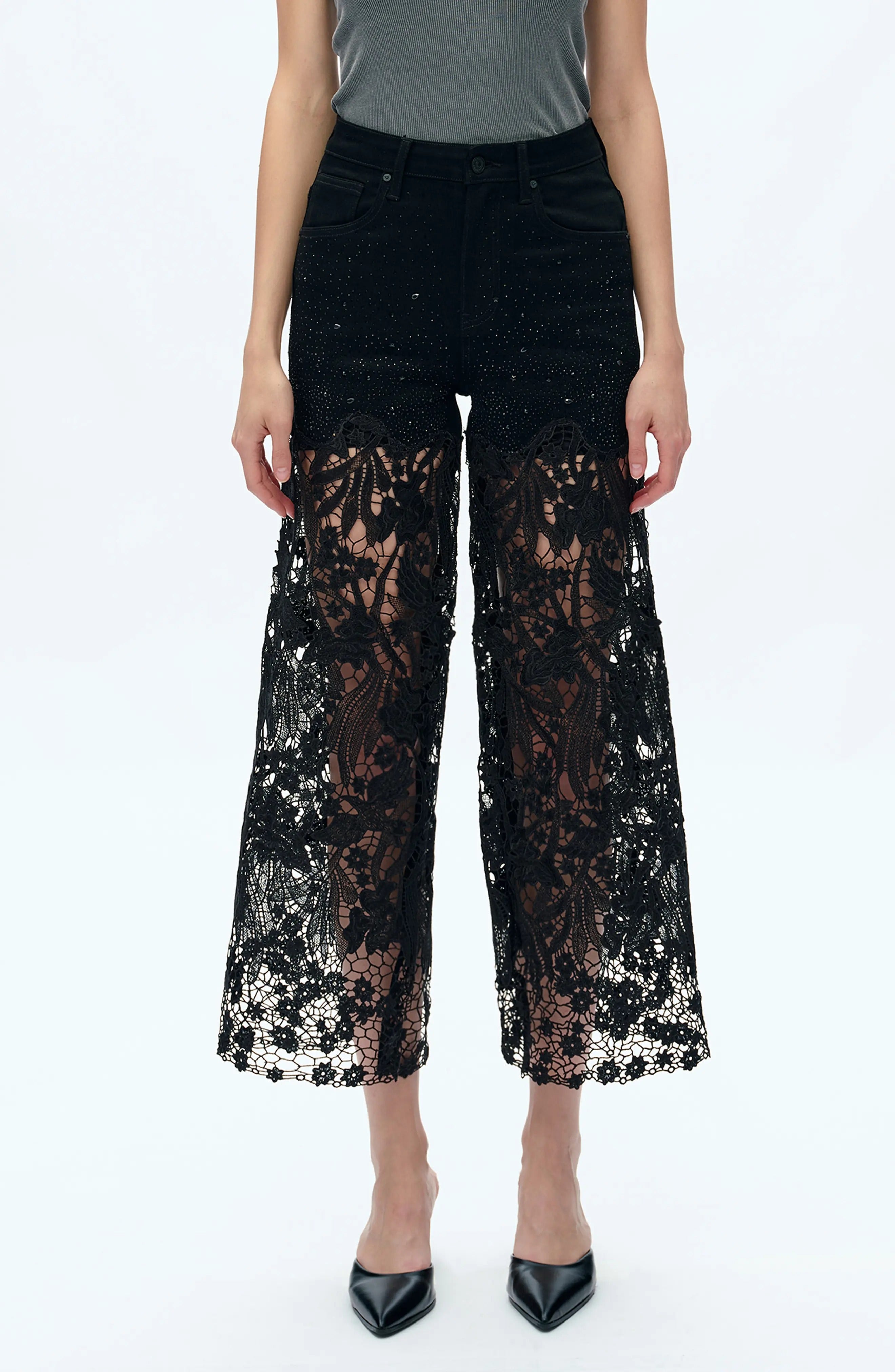 High Waist Crystal Embellished Lace Wide Leg Jeans